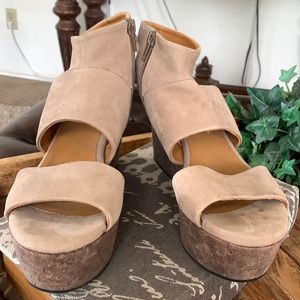 Coclico size 38 tan suede with cork heel,and zipper on side. Never worn